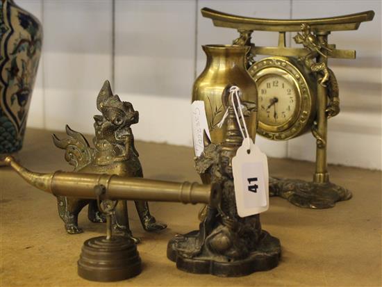 Dragon brass clock, vase, 2 deities & cannon